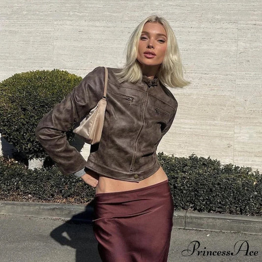 Brown Biker Stylish Faux Leather Jacket Coffee / S