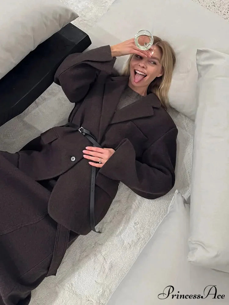 Brown Collar Blazer Cinched Wool Coat coats-241228