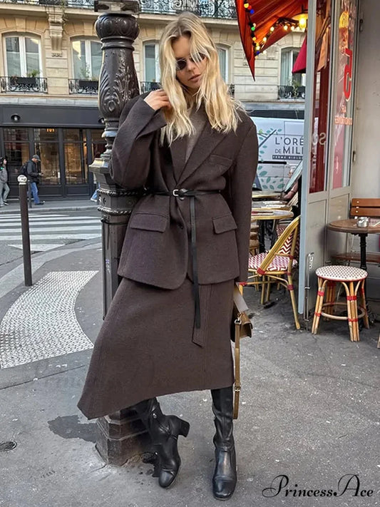 Brown Collar Blazer Cinched Wool Coat coats-241228