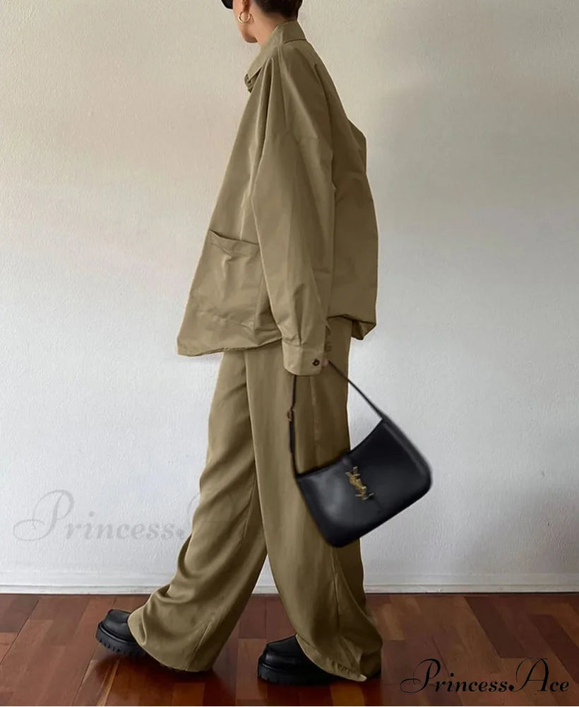 Brown Cotton Tall Waist Pants Office Two Piece Set officetwopieceset-250223