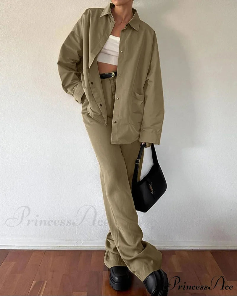 Brown Cotton Tall Waist Pants Office Two Piece Set Brown / S officetwopieceset-250223