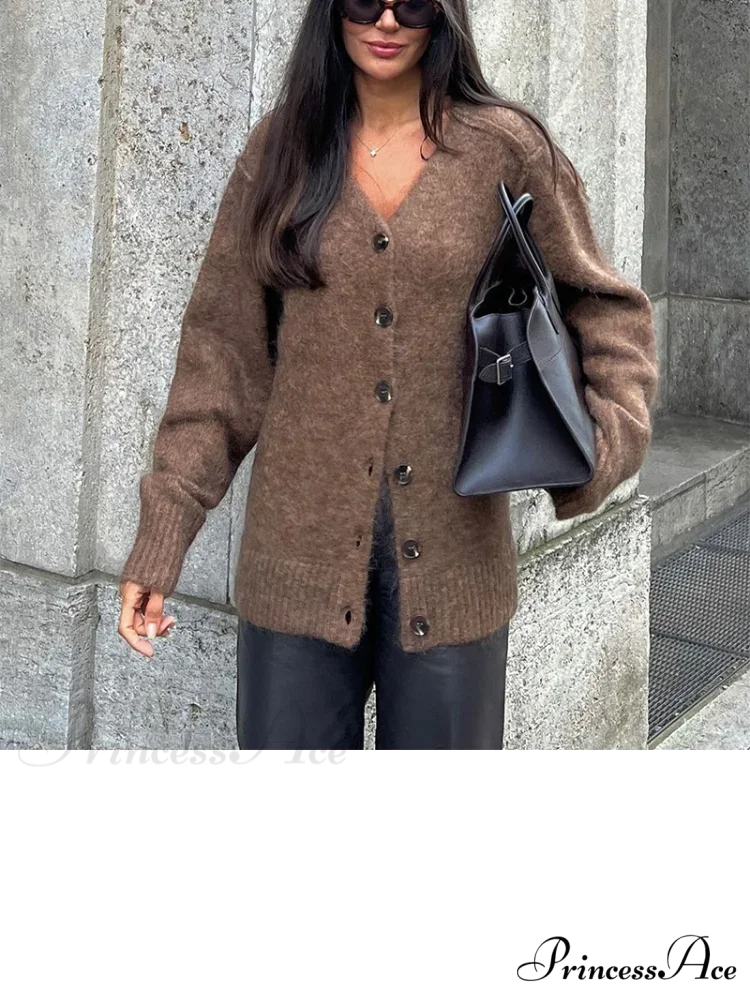 Brown Deep-neck Unmarried Buttoned Cardigan cardigans-241228