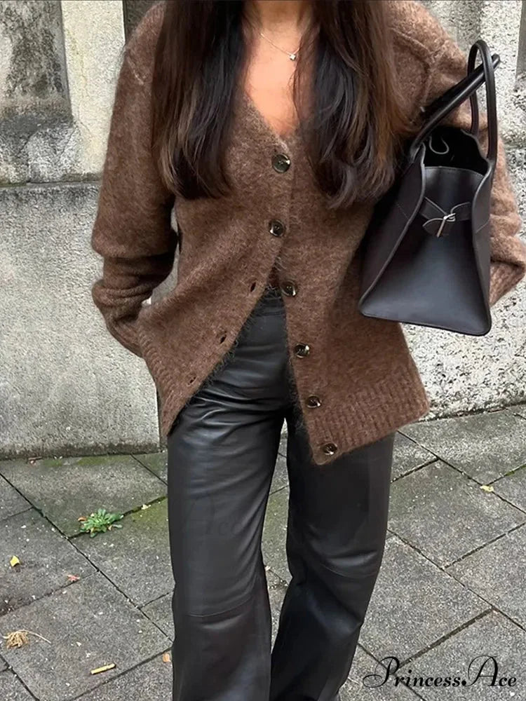 Brown Deep-neck Unmarried Buttoned Cardigan Brown / S cardigans-241228