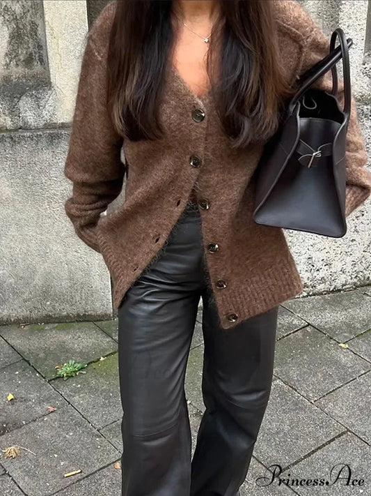 Brown Deep-neck Unmarried Buttoned Cardigan Brown / S cardigans-241228