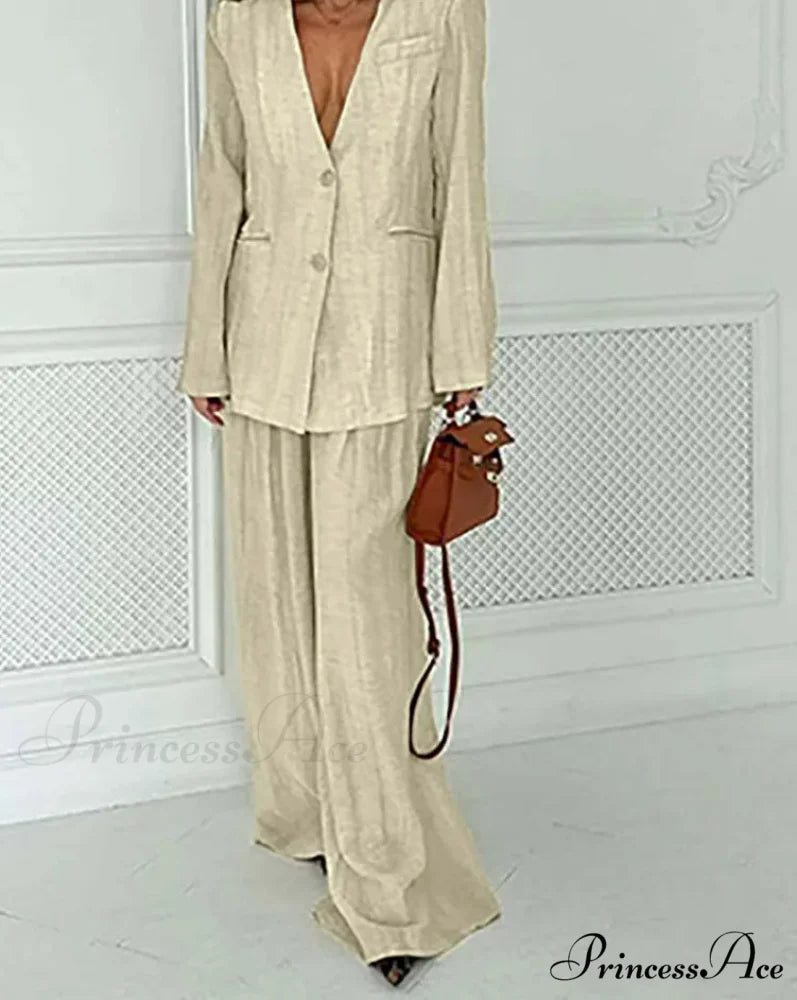 Brown Deep Plunging Neckline Baggy Pants Workplace Two Piece Set Khaki / S officetwopieceset-250223