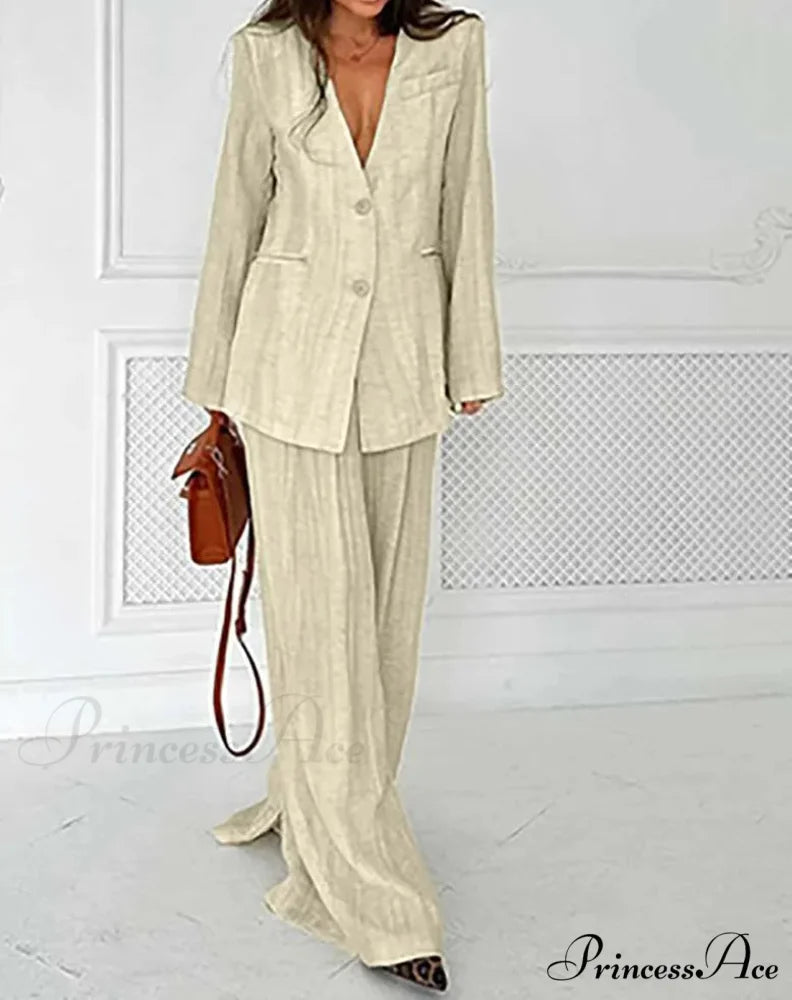 Brown Deep Plunging Neckline Baggy Pants Workplace Two Piece Set officetwopieceset-250223