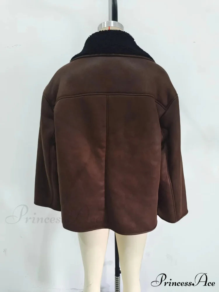 Brown Faux Leather Charming Black Lining Fur Jacket