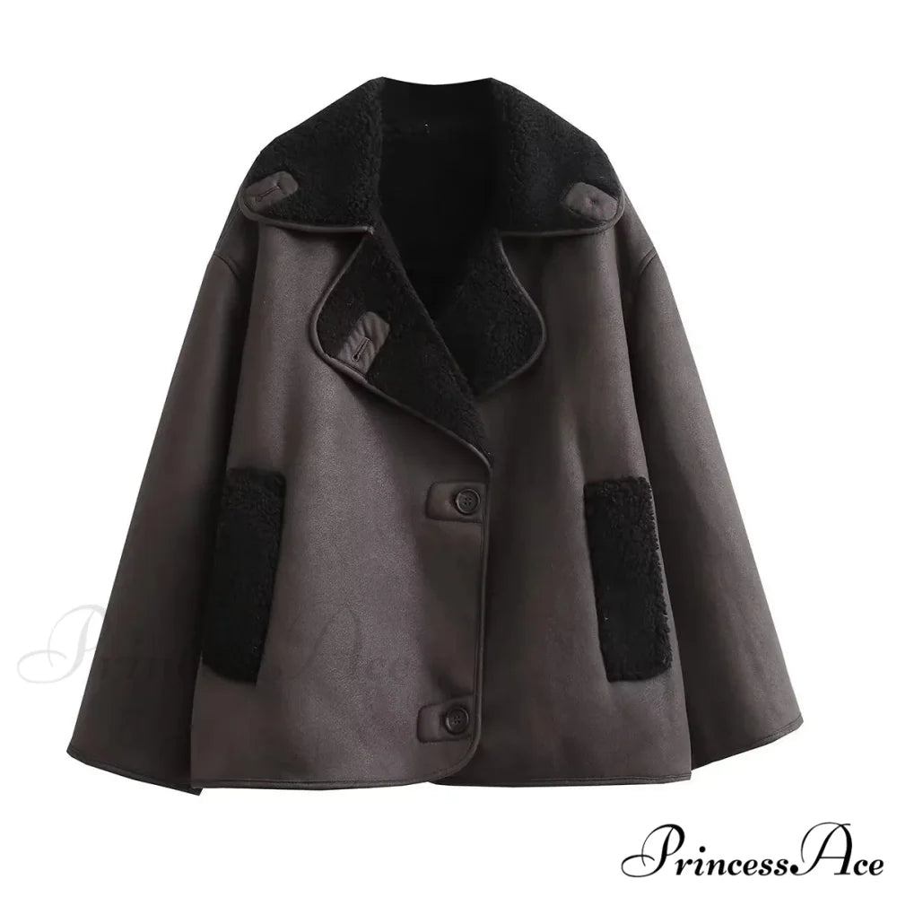 Brown Faux Leather Charming Black Lining Fur Jacket Brown / S
