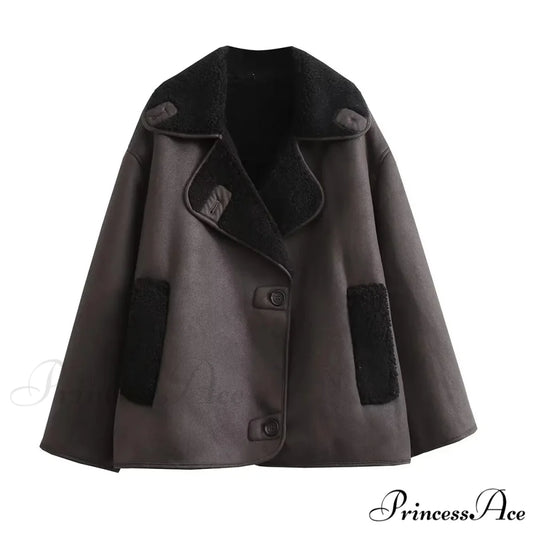 Brown Faux Leather Charming Black Lining Fur Jacket Brown / S