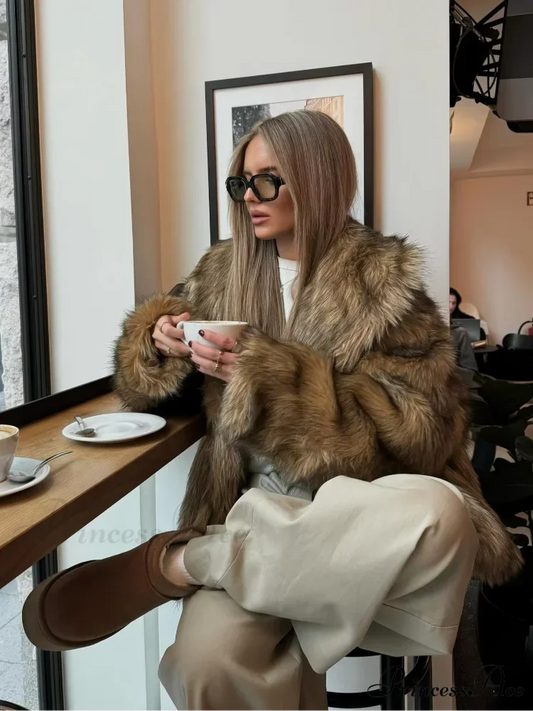 Brown Fluffy Faux Fur Short Coat COFFEE / S