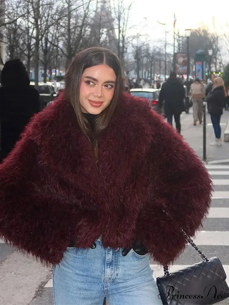 Brown Fluffy Faux Fur Short Coat red / S