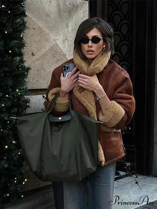 Brown Lamb Wool Blends Upright Collar Coat coats-241228