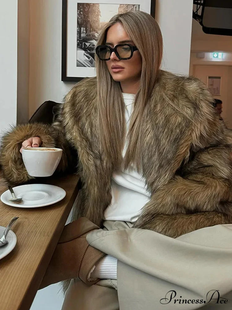 Brown Large Fluffy Lapel Coat coats-241228