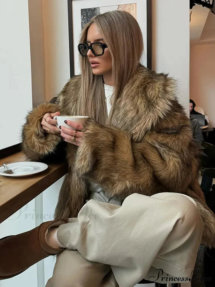 Brown Large Fluffy Lapel Coat Brown / S coats-241228