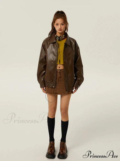 Brown Leather Polo Collar Three-Color Autumn Retro Casual Loose Jacket