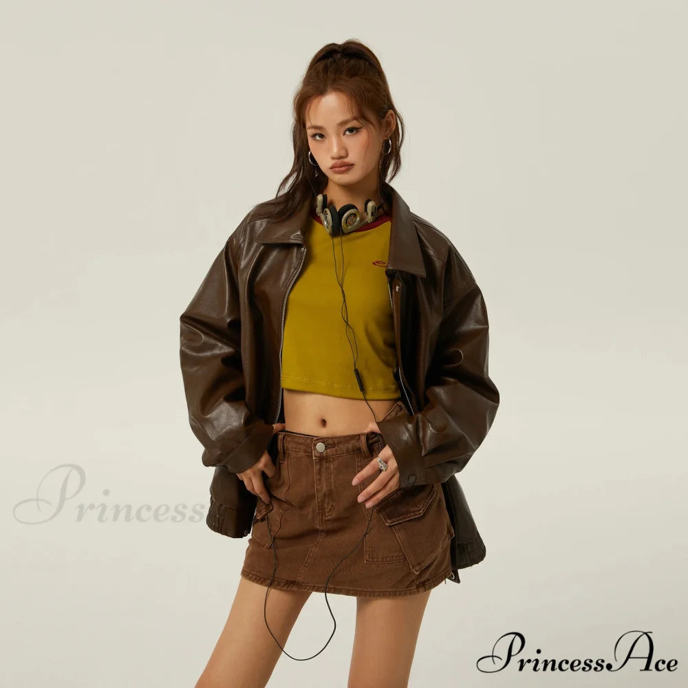 Brown Leather Polo Collar Three-Color Autumn Retro Casual Loose Jacket BROWN / S