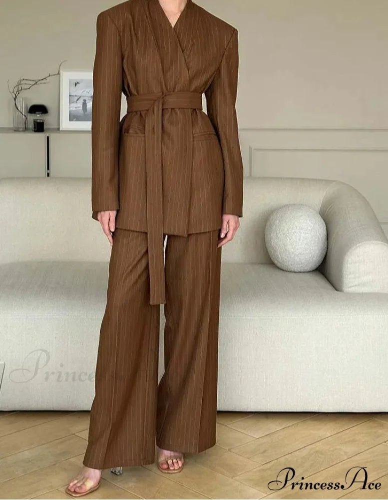 Brown Printed V-Neck Lace-Up Trousers Office Two Piece Set Brown / S officetwopieceset-250223