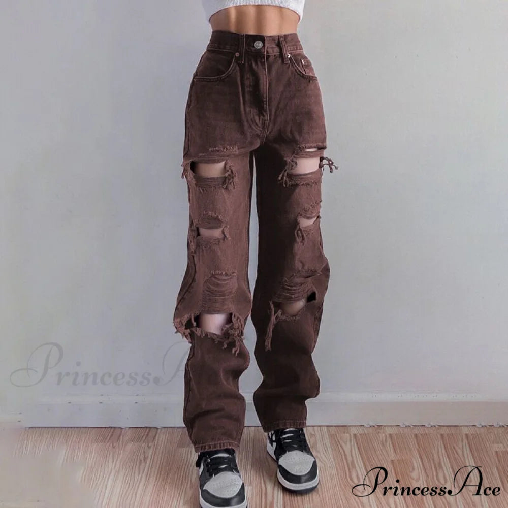 Brown Ripped Vintage Woman Distressed Jeans Brown / S