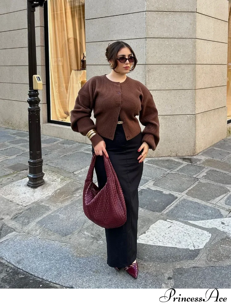 Brown Round Neck Baggy Cardigan cardigans-241228