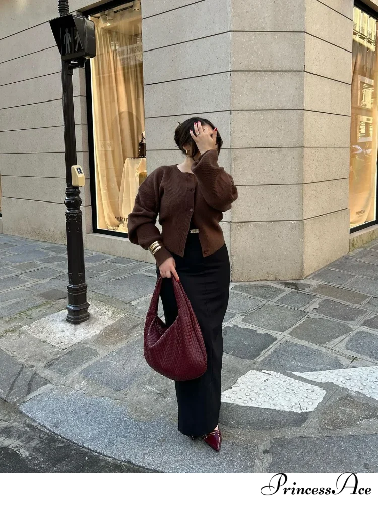 Brown Round Neck Baggy Cardigan cardigans-241228