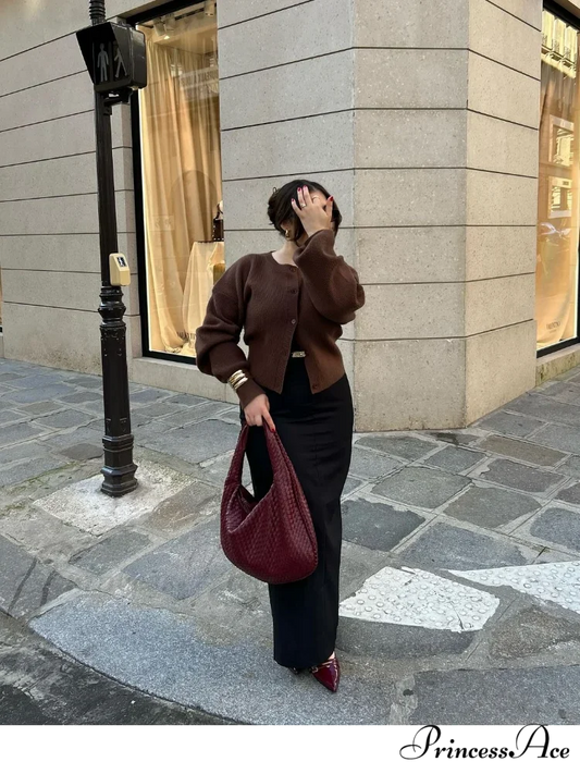 Brown Round Neck Baggy Cardigan cardigans-241228