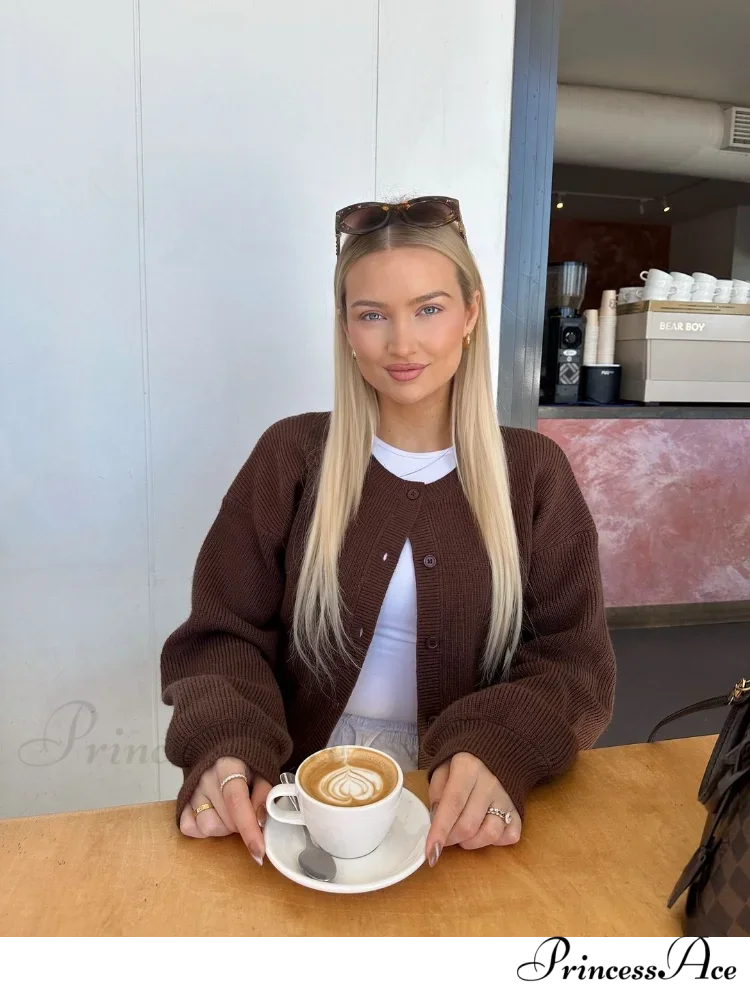 Brown Round Neck Baggy Cardigan cardigans-241228