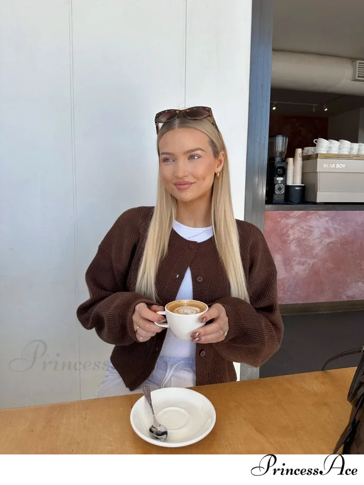 Brown Round Neck Baggy Cardigan cardigans-241228