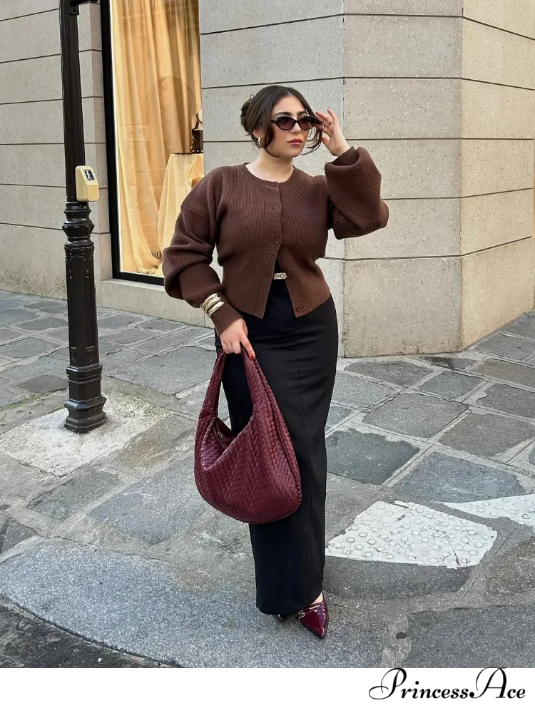 Brown Round Neck Baggy Cardigan cardigans-241228