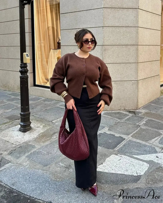 Brown Round Neck Baggy Cardigan Coffee / S cardigans-241228