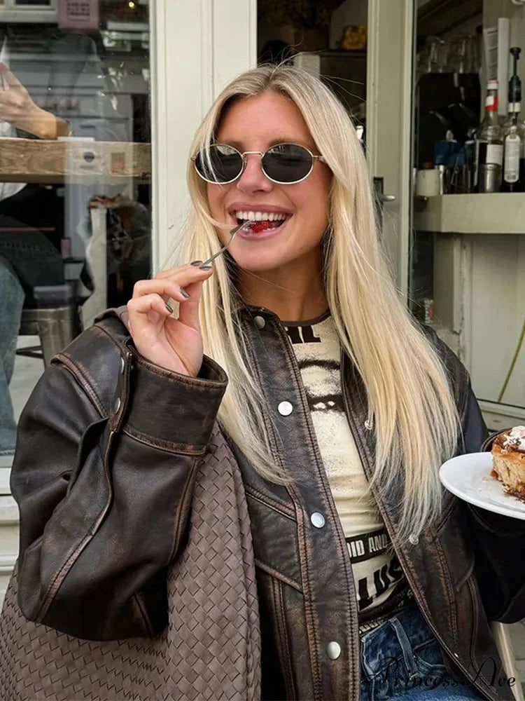 Brown Shortened Collar Leather Jacket coats-241228