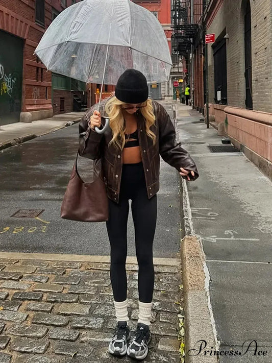 Brown Shortened Collar Leather Jacket coats-241228