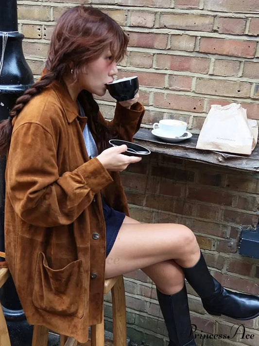 Brown Stand Collar Suede Coat Modified Output: Tan Upright Neck Suede Jacket coats-241228