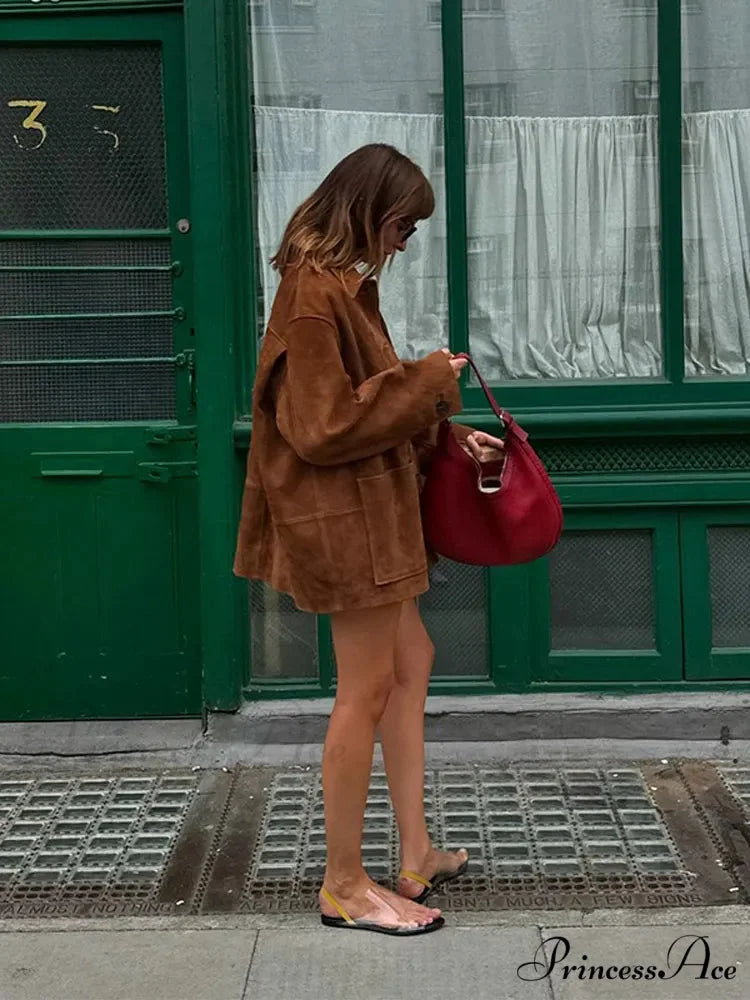 Brown Stand Collar Suede Coat Modified Output: Tan Upright Neck Suede Jacket coats-241228