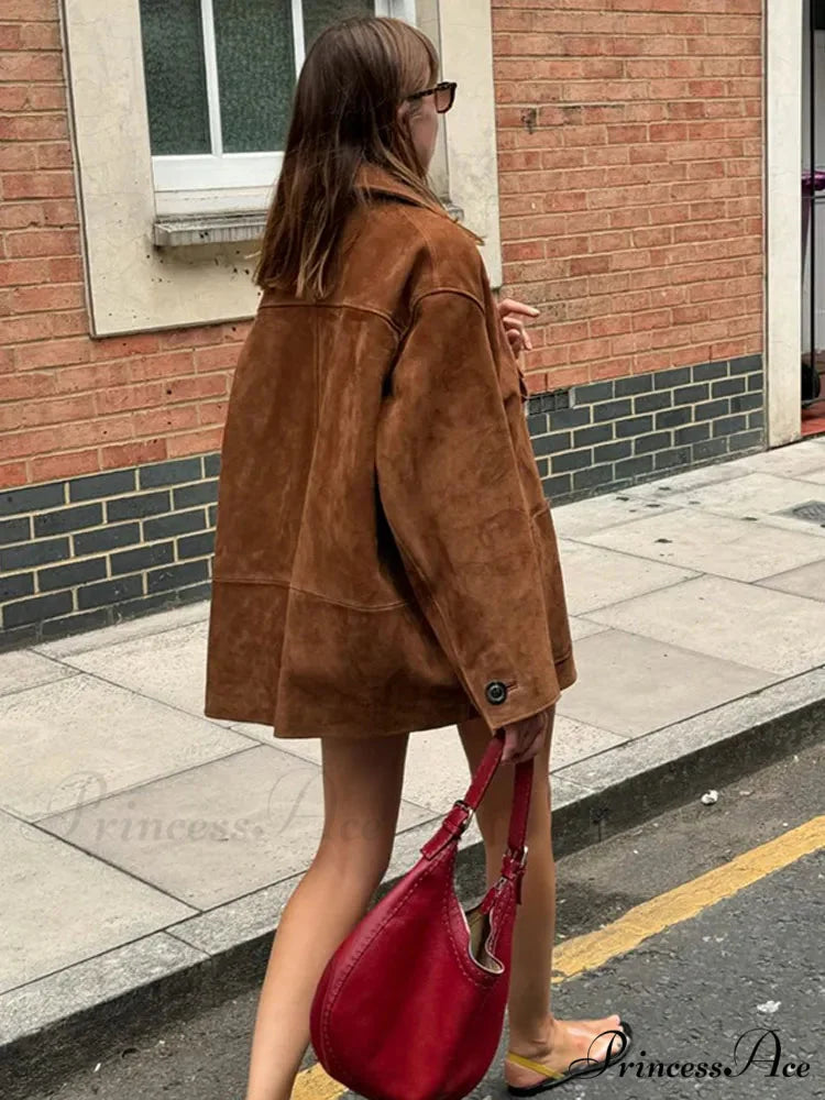 Brown Stand Collar Suede Coat Modified Output: Tan Upright Neck Suede Jacket coats-241228