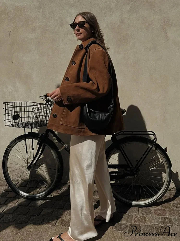 Brown Stand Collar Suede Coat Modified Output: Tan Upright Neck Suede Jacket coats-241228