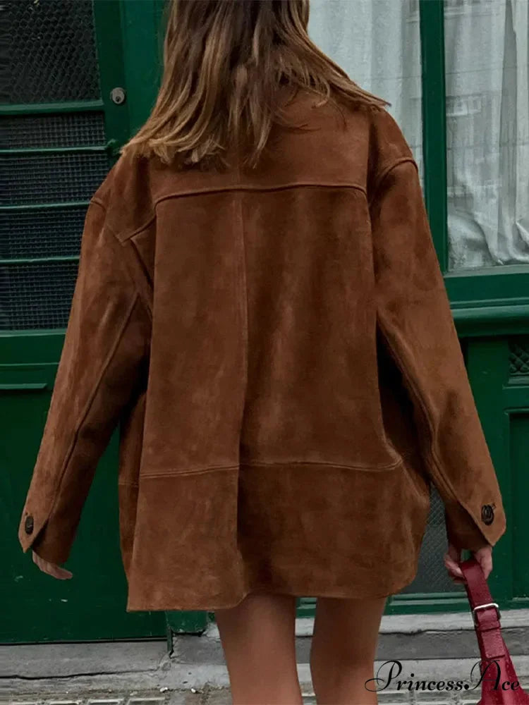 Brown Stand Collar Suede Coat Modified Output: Tan Upright Neck Suede Jacket coats-241228