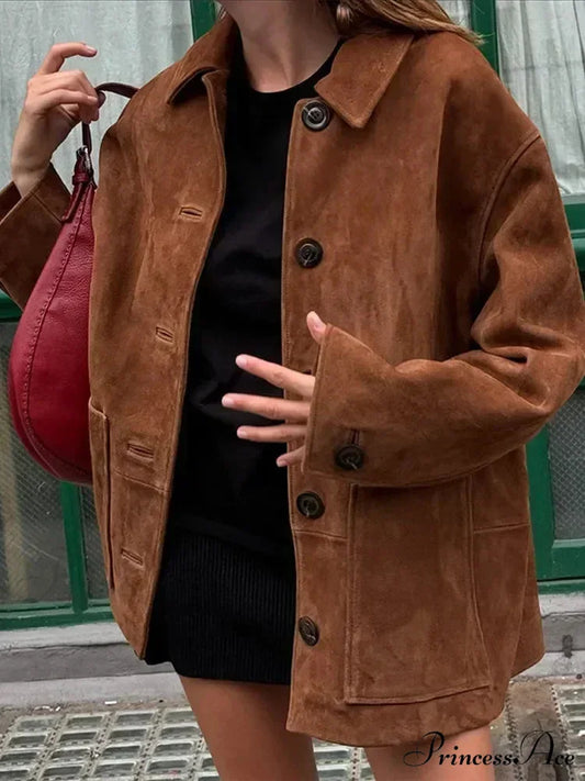 Brown Stand Collar Suede Coat Modified Output: Tan Upright Neck Suede Jacket Brown / S coats-241228