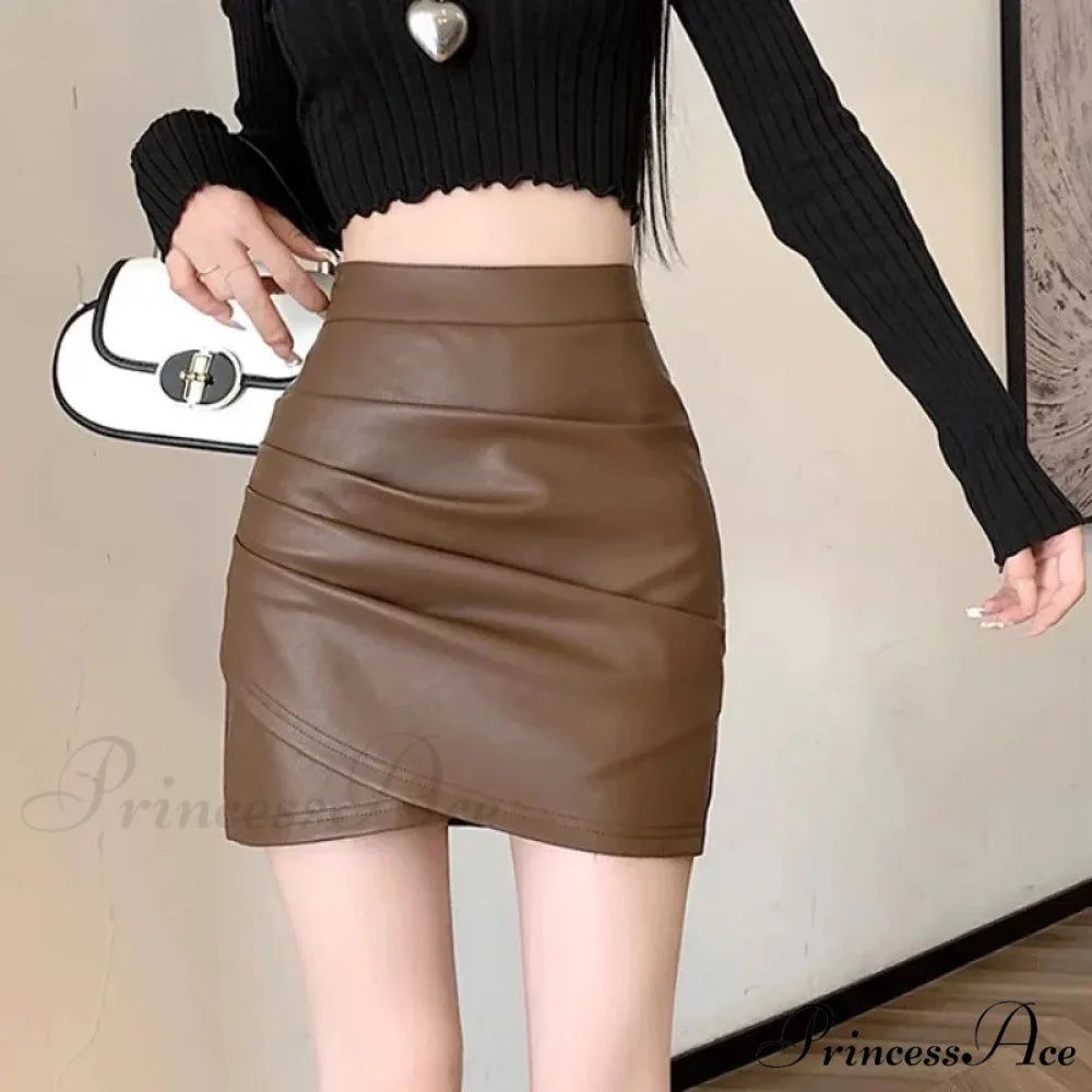 Brown Synthetic Leather Narrow Fit Skirt skirts-250223