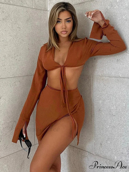 Brown Tie Front Top Skirt Sets Mini Dress