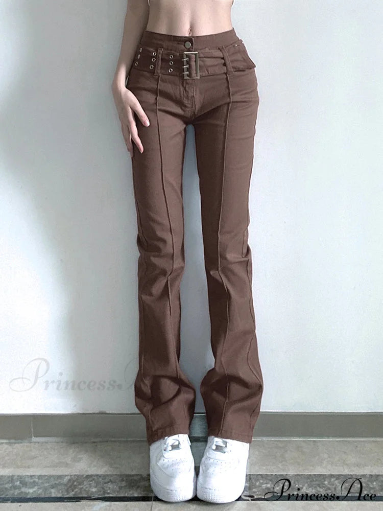 Brown Vintage Flared Hight Waist Jeans Dark Brown / S