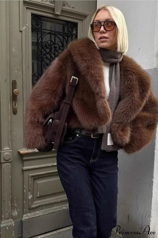 Brown Vintage Old Money Faux Fox Fur Short Coat Brown / S