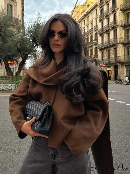 Brown Woolen Circular Neck Scarf Jacket coats-241228