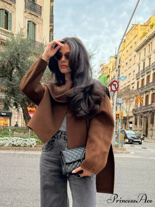 Brown Woolen Circular Neck Scarf Jacket coats-241228