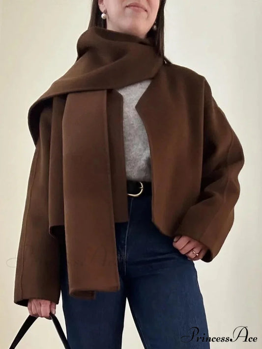 Brown Woolen Circular Neck Scarf Jacket coats-241228