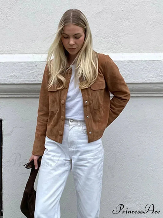 Brown Woolen Extended Sleeve Brief Jacket coats-241228