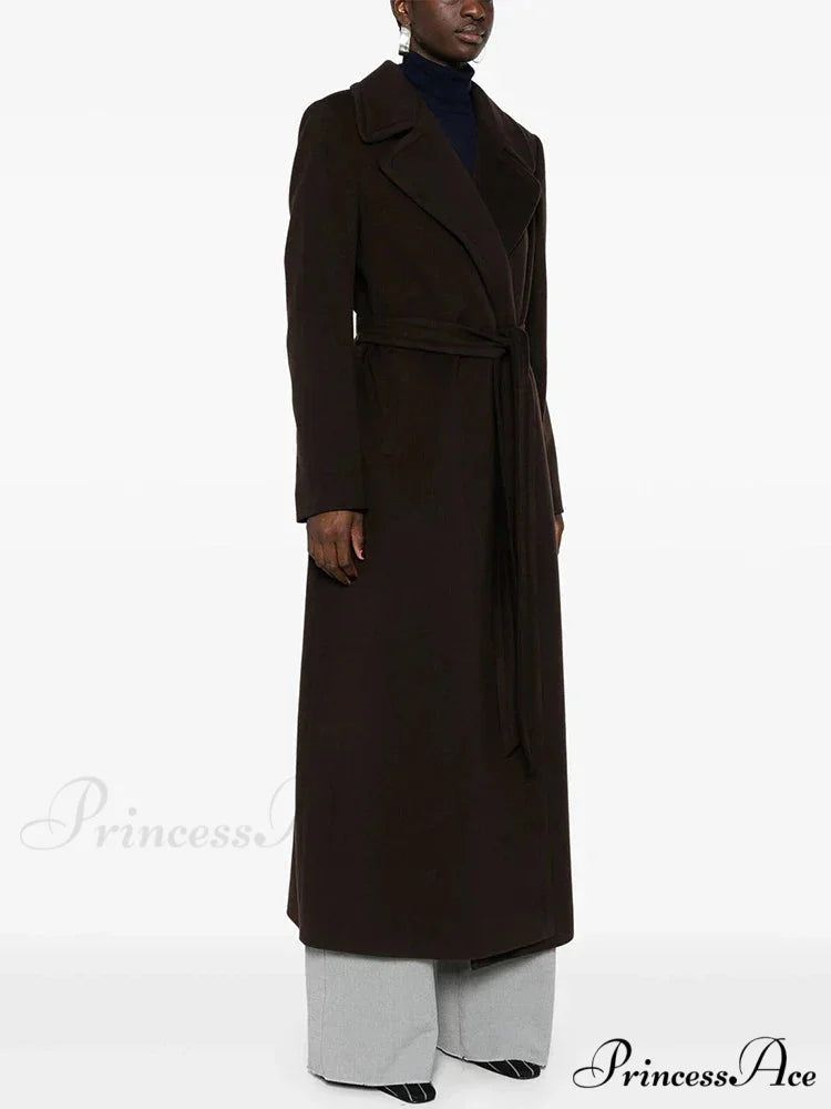 Brown Woolen Lapel Slim Overcoat Modified Output: Brown Wool Lapel Narrow Overcoat overcoats-241228