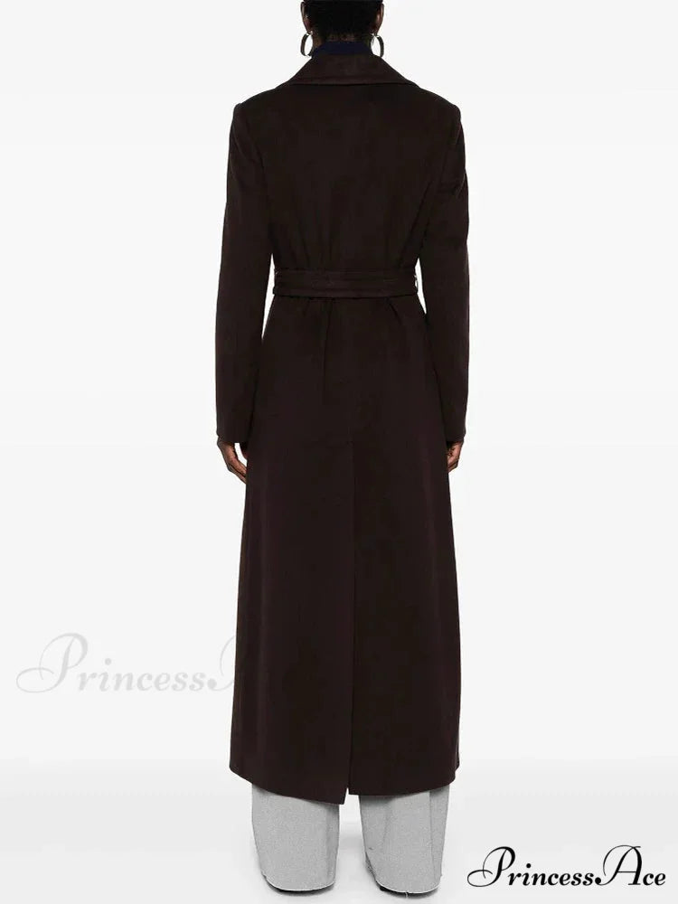 Brown Woolen Lapel Slim Overcoat Modified Output: Brown Wool Lapel Narrow Overcoat overcoats-241228