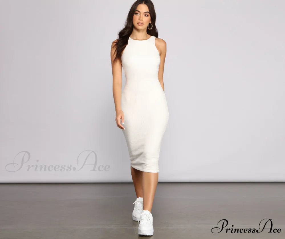 Brushed Knit Sleeveless Charming Crew Neck Midi Dress OFF WHITE / XS