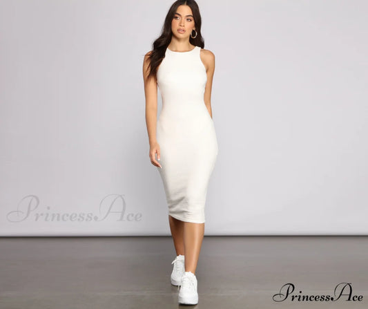 Brushed Knit Sleeveless Charming Crew Neck Midi Dress OFF WHITE / XS