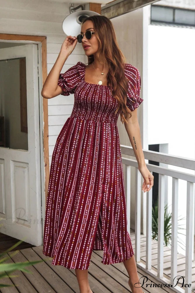 Bubble Sleeve Rayon Dress with Print S / Blue